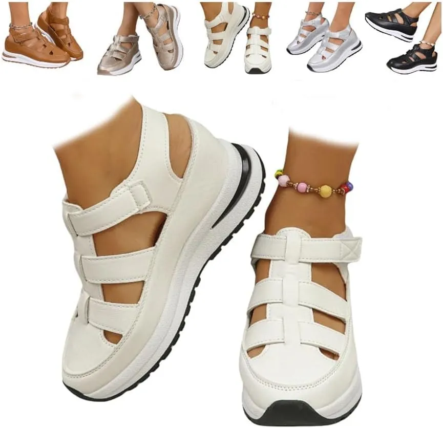 2025 New Women's Hollow Out Breathable Platform Wedge Sandals Casual Stylish Roman Sandal Leather Closed Toe Comfortable Sandals