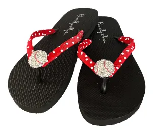 Baseball Flip Flops with Rhinestone Bling Sandals, Red Polka Dot Ribbon/Black