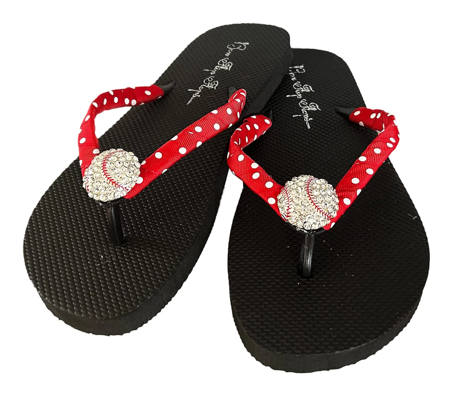 Baseball Flip Flops with Rhinestone Bling Sandals, Red Polka Dot Ribbon/Black