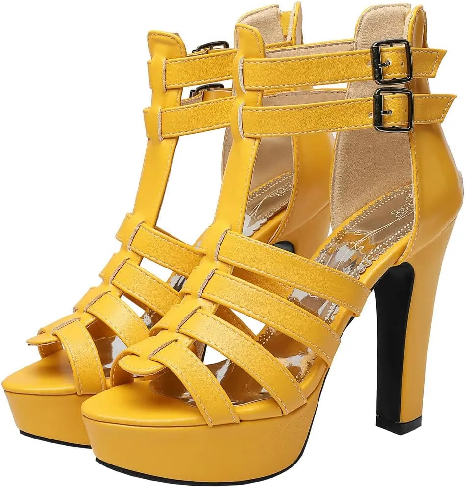 BEAUPAS Women's Block Heel Platform Peep Toe Ankle Boots Chunky High Heel Ankle Strap Booties Buckle Gladiator Sandals
