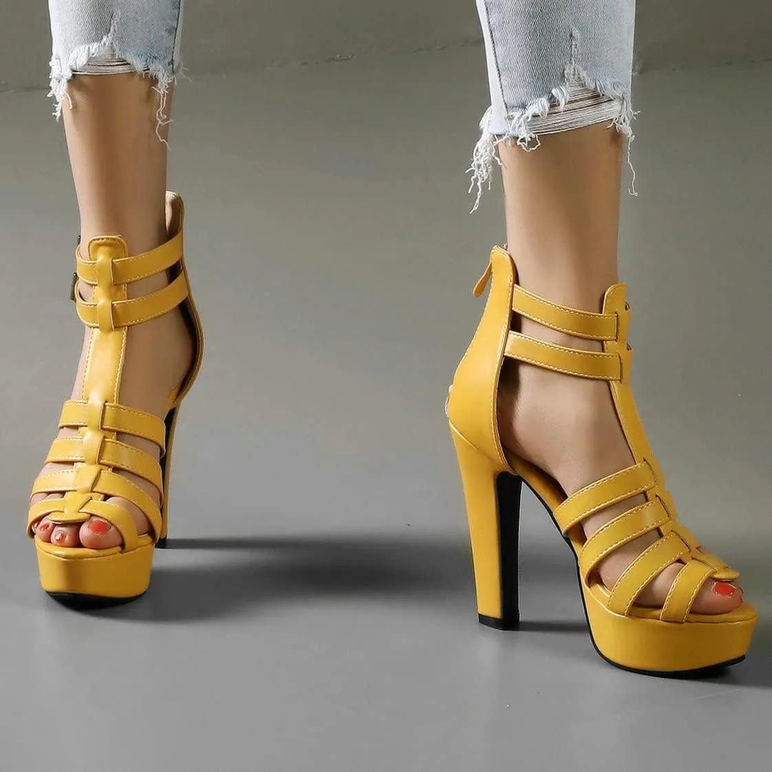 BEAUPAS Women's Block Heel Platform Peep Toe Ankle Boots Chunky High Heel Ankle Strap Booties Buckle Gladiator Sandals