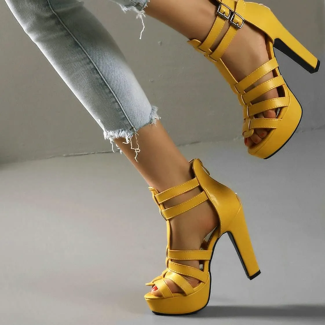 BEAUPAS Women's Block Heel Platform Peep Toe Ankle Boots Chunky High Heel Ankle Strap Booties Buckle Gladiator Sandals