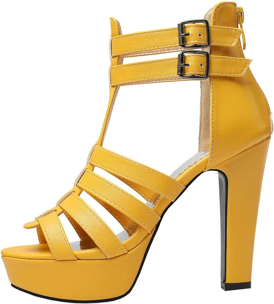 BEAUPAS Women's Block Heel Platform Peep Toe Ankle Boots Chunky High Heel Ankle Strap Booties Buckle Gladiator Sandals