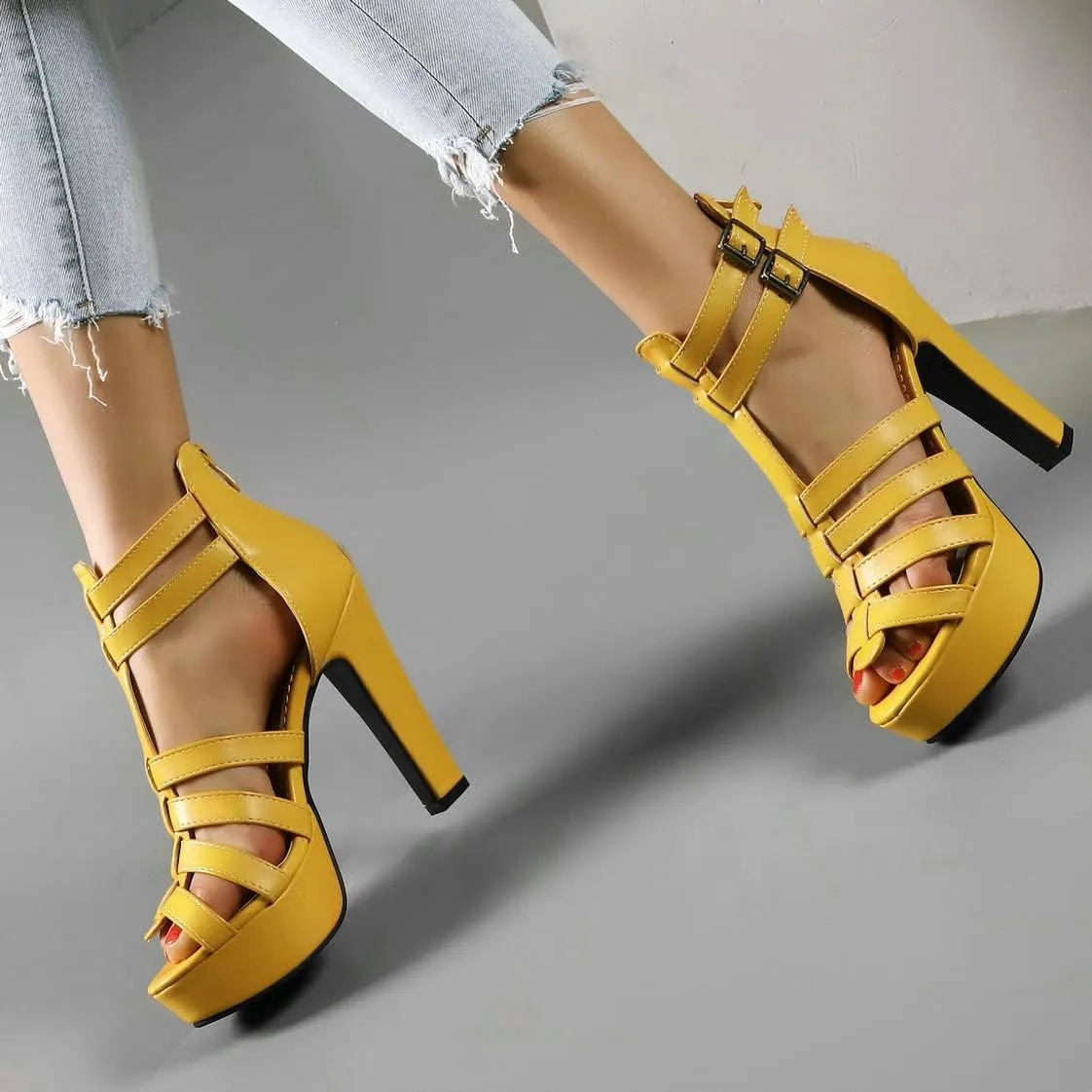 BEAUPAS Women's Block Heel Platform Peep Toe Ankle Boots Chunky High Heel Ankle Strap Booties Buckle Gladiator Sandals