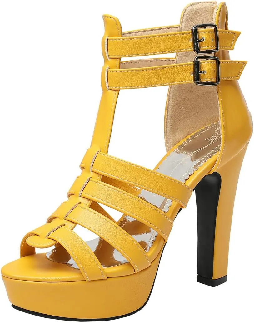 BEAUPAS Women's Block Heel Platform Peep Toe Ankle Boots Chunky High Heel Ankle Strap Booties Buckle Gladiator Sandals