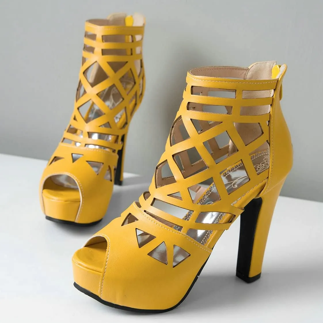 BEAUPAS Women's Chunky Heel Peep Toe Ankle Booties Platform Block High Heel Ankle Boots Cut Out Gladiator Sandals