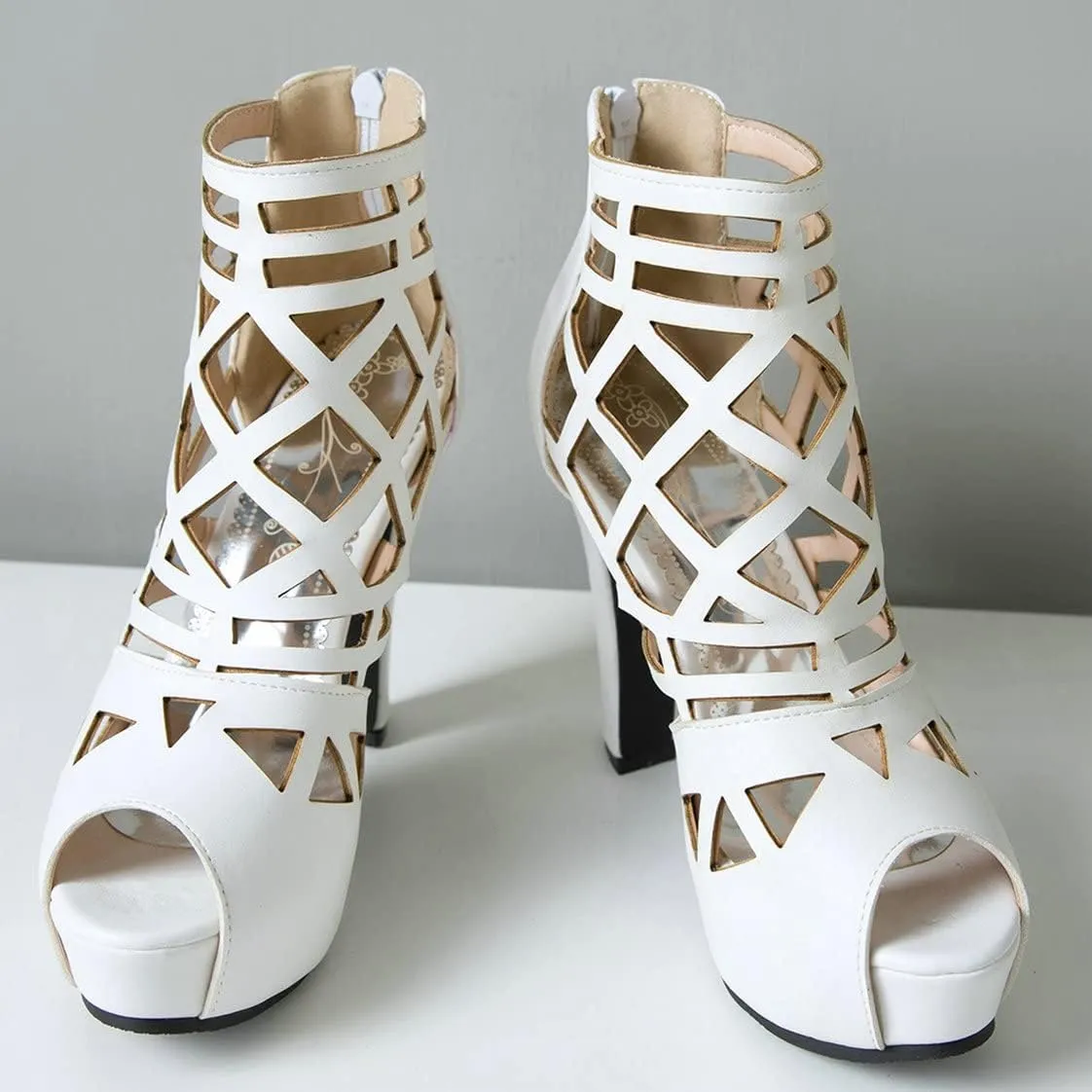 BEAUPAS Women's Chunky Heel Peep Toe Ankle Booties Platform Block High Heel Ankle Boots Cut Out Gladiator Sandals