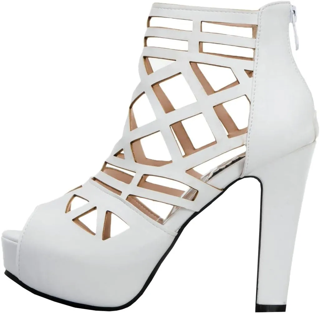 BEAUPAS Women's Chunky Heel Peep Toe Ankle Booties Platform Block High Heel Ankle Boots Cut Out Gladiator Sandals