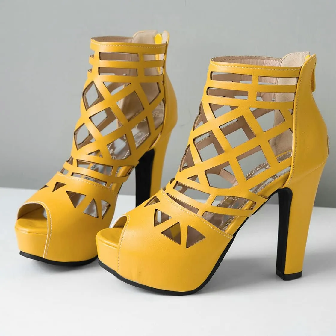 BEAUPAS Women's Chunky Heel Peep Toe Ankle Booties Platform Block High Heel Ankle Boots Cut Out Gladiator Sandals