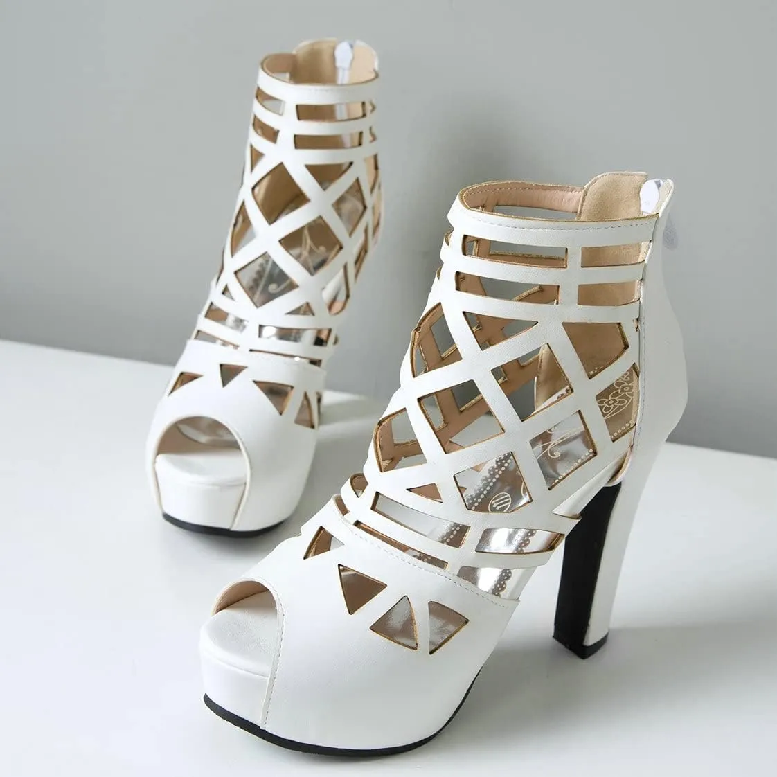 BEAUPAS Women's Chunky Heel Peep Toe Ankle Booties Platform Block High Heel Ankle Boots Cut Out Gladiator Sandals