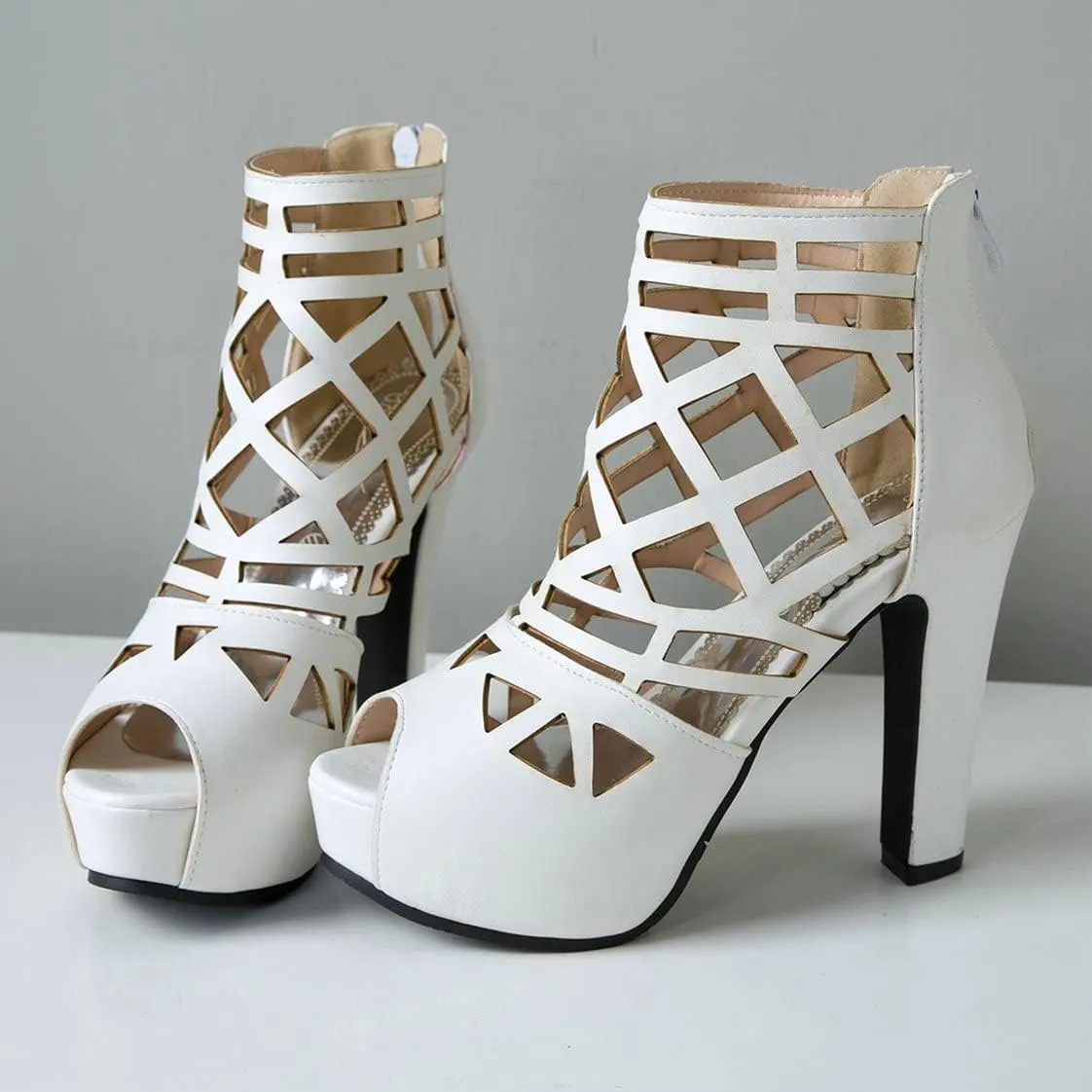 BEAUPAS Women's Chunky Heel Peep Toe Ankle Booties Platform Block High Heel Ankle Boots Cut Out Gladiator Sandals