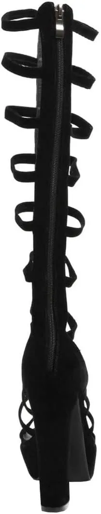 BEAUPAS Women's Chunky High Heel Platform Knee High Gladiator Sandals Block Heel Cut Out Open Toe Boots Zip Up Shoes