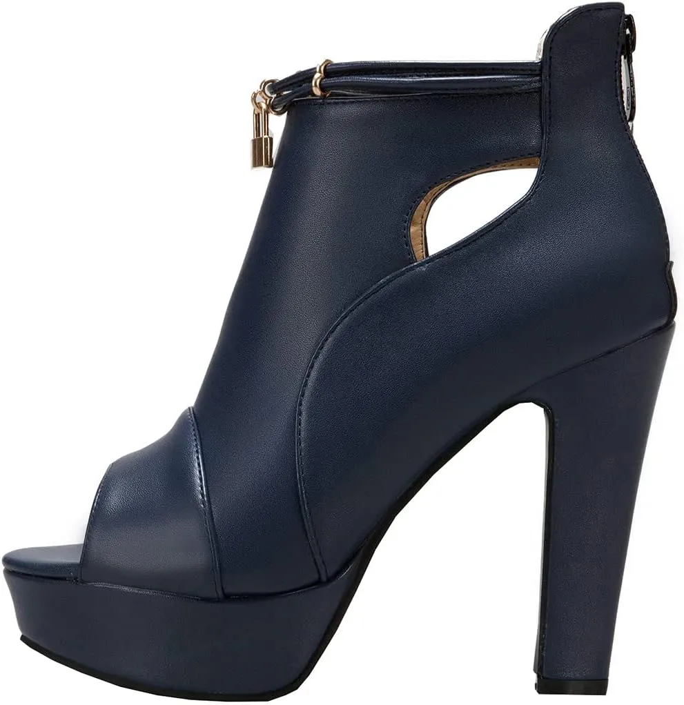 BEAUPAS Women's Chunky High Heels Ankle Boots Peep Toe Platform Block Heel Ankle Booties Gladiator Zipper Sandals