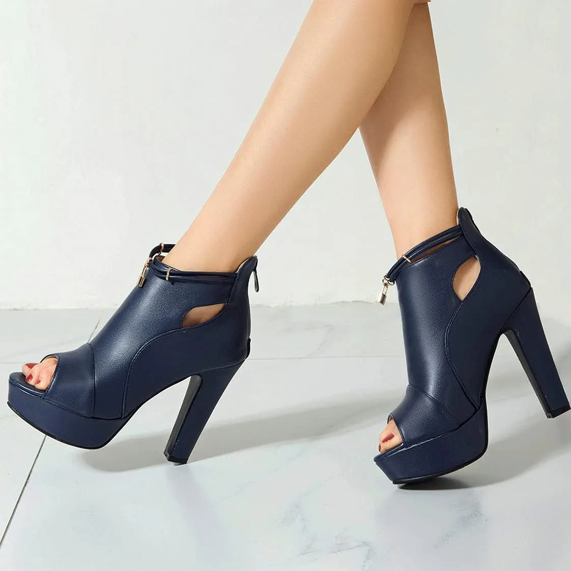 BEAUPAS Women's Chunky High Heels Ankle Boots Peep Toe Platform Block Heel Ankle Booties Gladiator Zipper Sandals