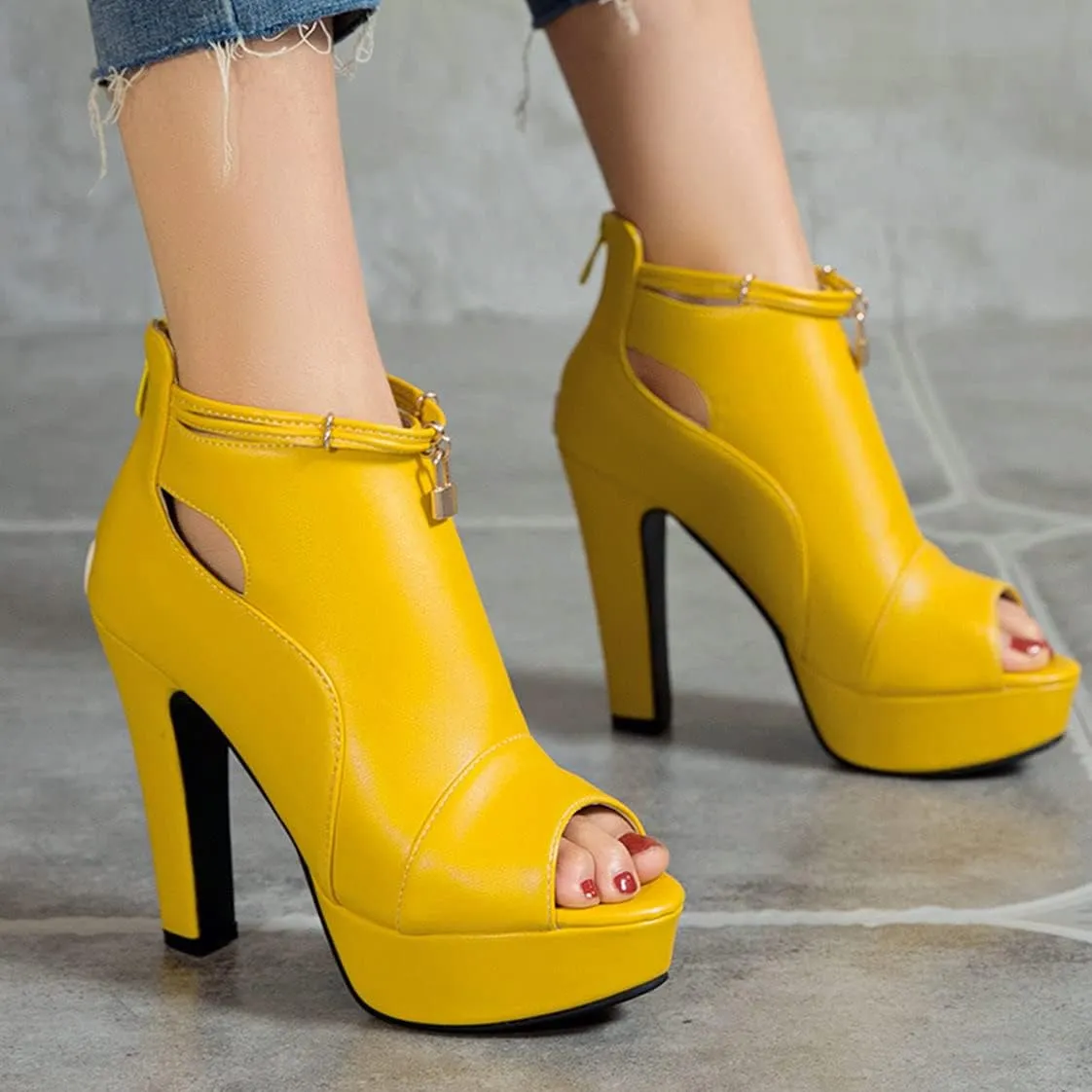 BEAUPAS Women's Chunky High Heels Ankle Boots Peep Toe Platform Block Heel Ankle Booties Gladiator Zipper Sandals