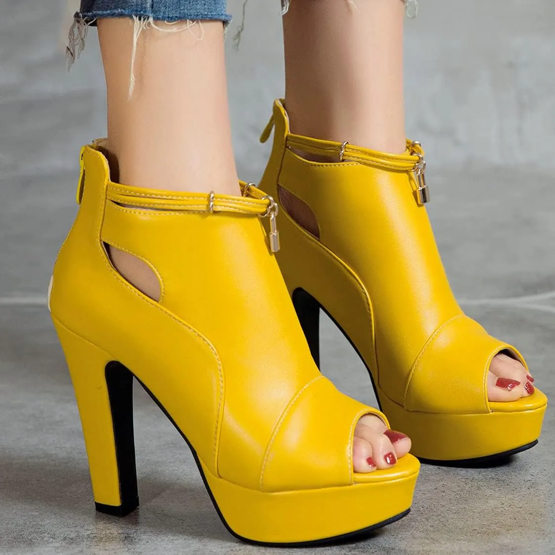 BEAUPAS Women's Chunky High Heels Ankle Boots Peep Toe Platform Block Heel Ankle Booties Gladiator Zipper Sandals