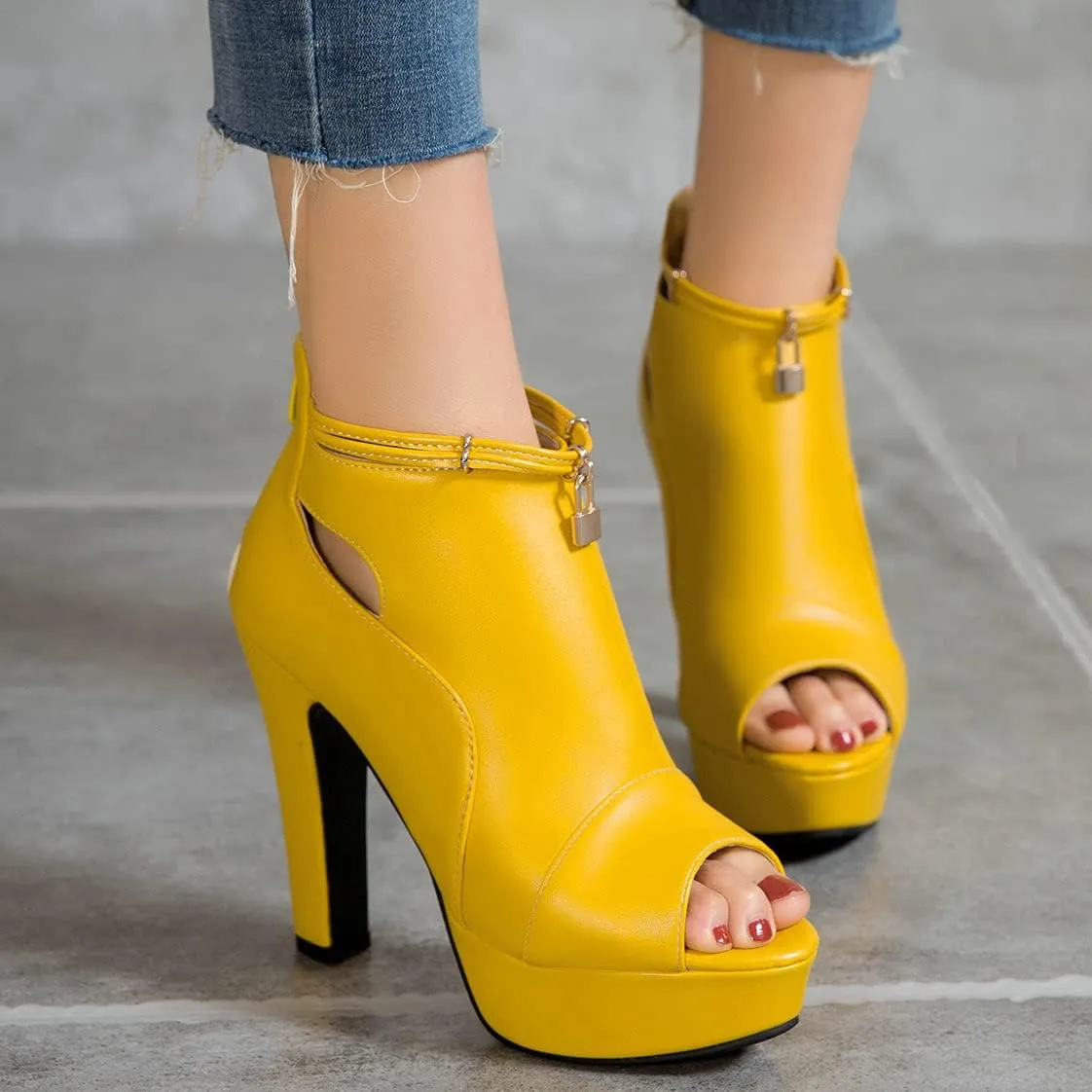 BEAUPAS Women's Chunky High Heels Ankle Boots Peep Toe Platform Block Heel Ankle Booties Gladiator Zipper Sandals
