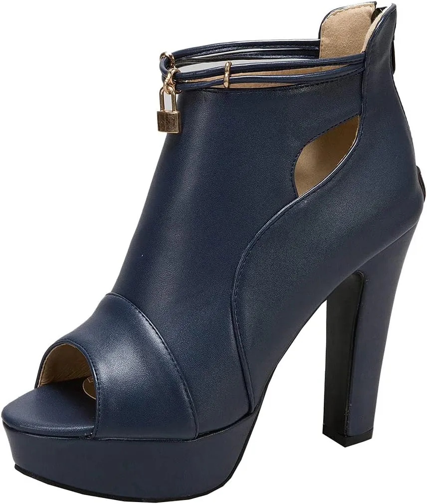 BEAUPAS Women's Chunky High Heels Ankle Boots Peep Toe Platform Block Heel Ankle Booties Gladiator Zipper Sandals