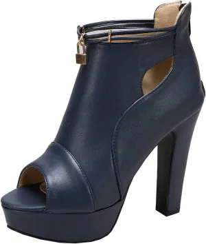 BEAUPAS Women's Chunky High Heels Ankle Boots Peep Toe Platform Block Heel Ankle Booties Gladiator Zipper Sandals
