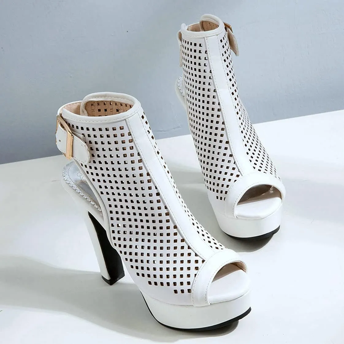 BEAUPAS Women's High Heel Platform Chunky Heel Ankle Boots Peep Toe Block Heel Booties Cutout Slingback Buckle Gladiator Sandals