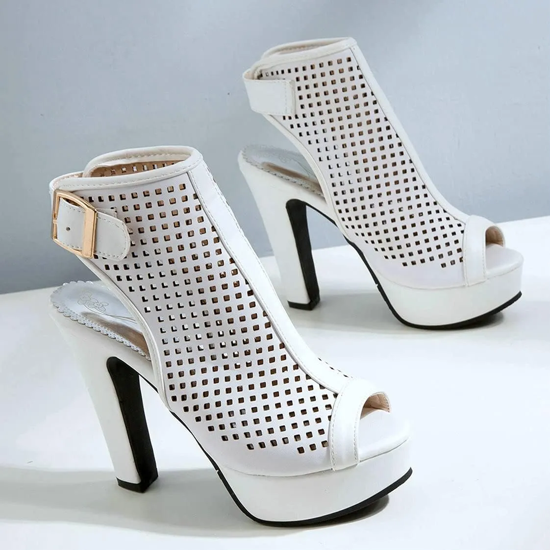 BEAUPAS Women's High Heel Platform Chunky Heel Ankle Boots Peep Toe Block Heel Booties Cutout Slingback Buckle Gladiator Sandals