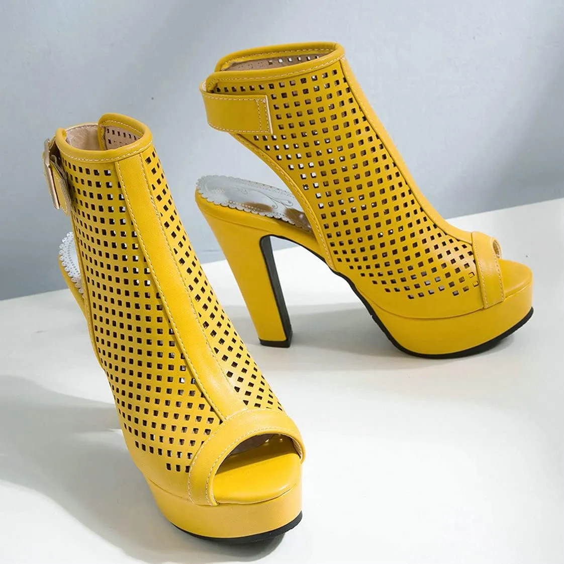 BEAUPAS Women's High Heel Platform Chunky Heel Ankle Boots Peep Toe Block Heel Booties Cutout Slingback Buckle Gladiator Sandals