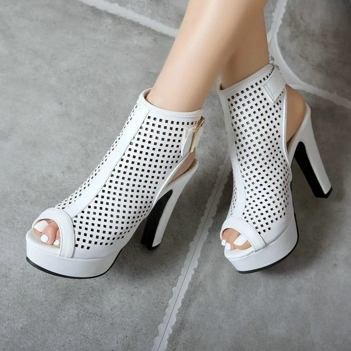 BEAUPAS Women's High Heel Platform Chunky Heel Ankle Boots Peep Toe Block Heel Booties Cutout Slingback Buckle Gladiator Sandals