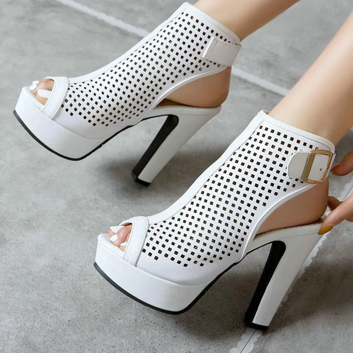 BEAUPAS Women's High Heel Platform Chunky Heel Ankle Boots Peep Toe Block Heel Booties Cutout Slingback Buckle Gladiator Sandals
