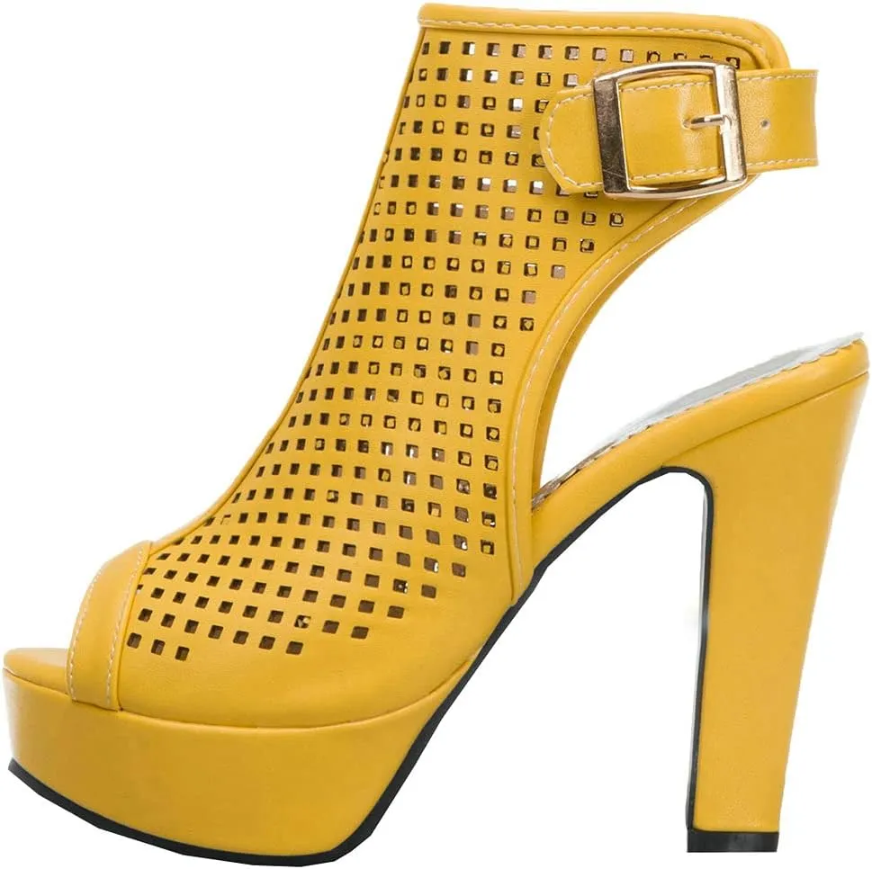 BEAUPAS Women's High Heel Platform Chunky Heel Ankle Boots Peep Toe Block Heel Booties Cutout Slingback Buckle Gladiator Sandals