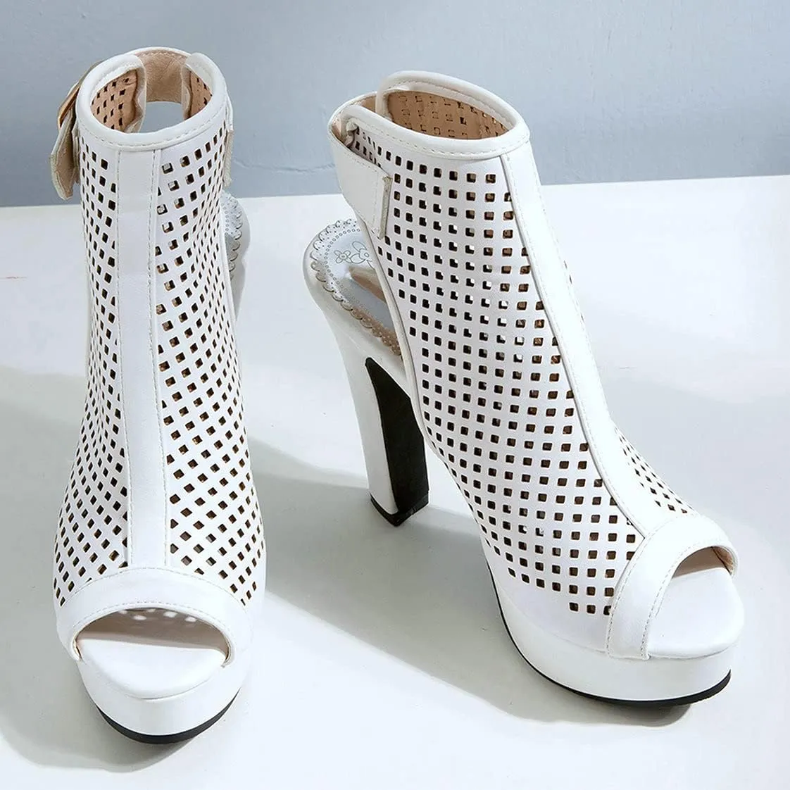BEAUPAS Women's High Heel Platform Chunky Heel Ankle Boots Peep Toe Block Heel Booties Cutout Slingback Buckle Gladiator Sandals