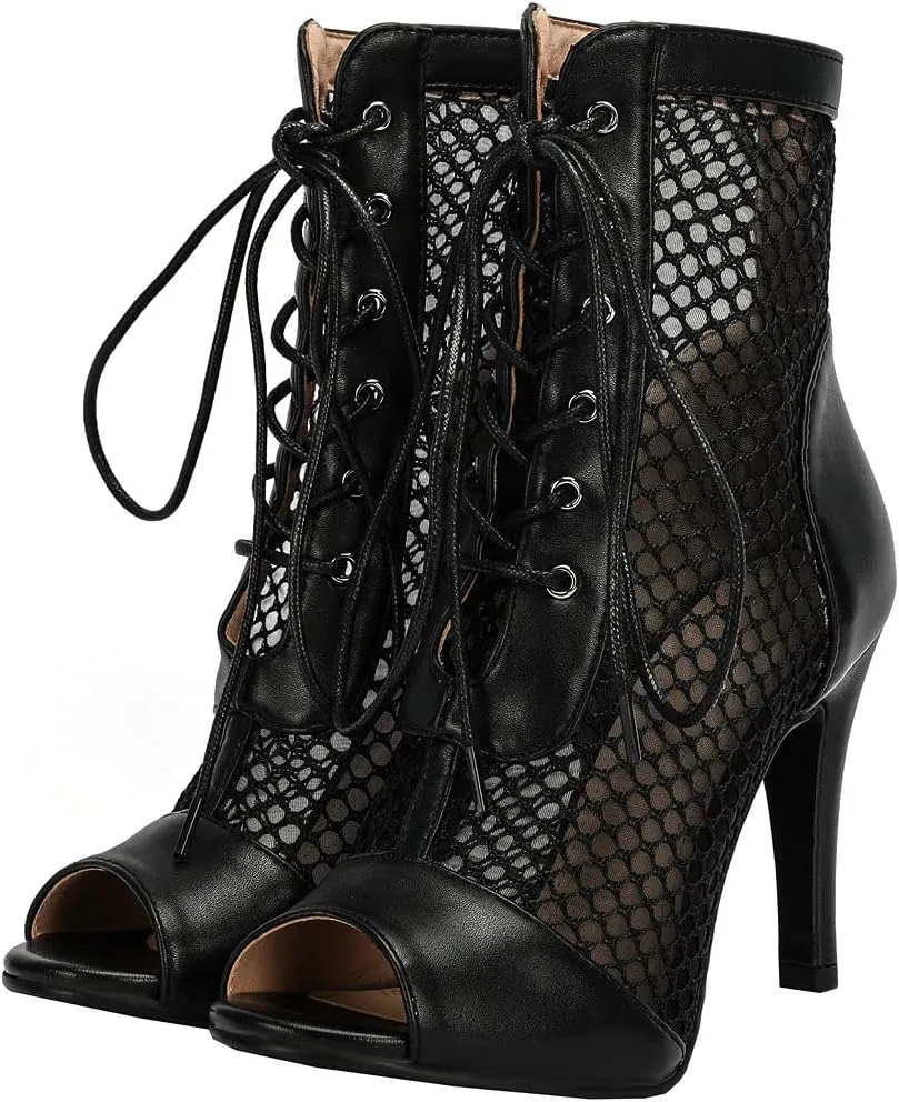 BEAUPAS Women's Mesh Peep Toe Booties Stiletto High Heel Ankle Boots Lace Up Fishnet Gladiator Sandals