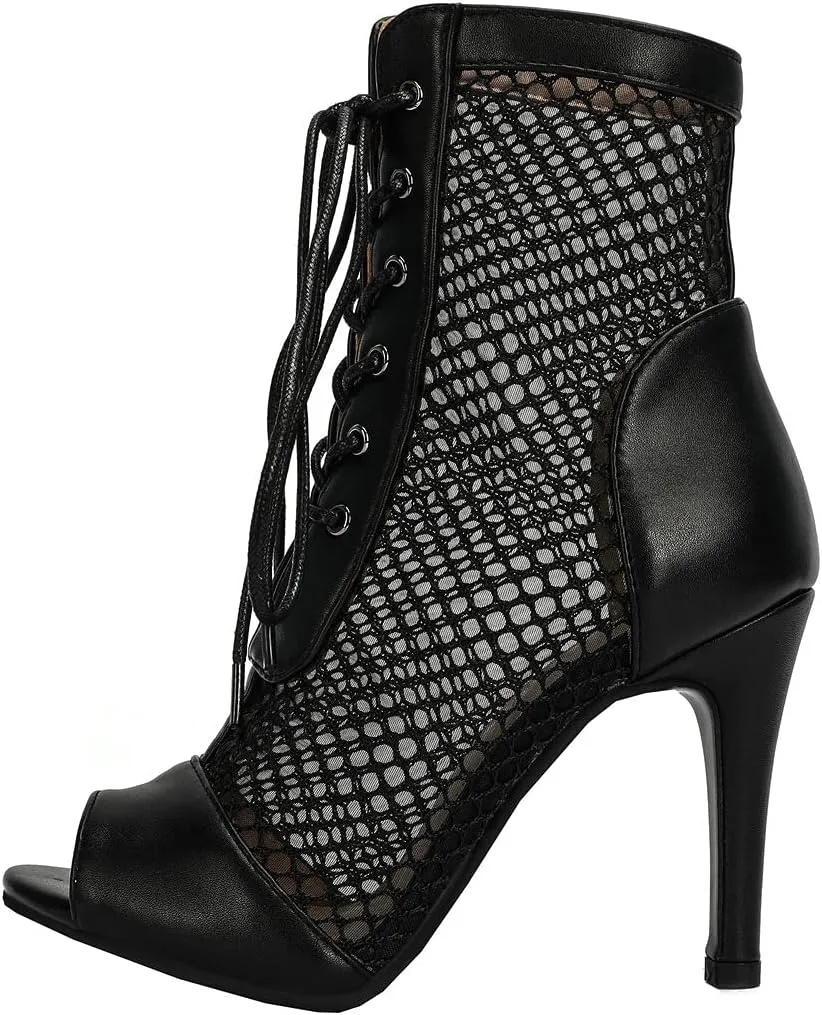 BEAUPAS Women's Mesh Peep Toe Booties Stiletto High Heel Ankle Boots Lace Up Fishnet Gladiator Sandals