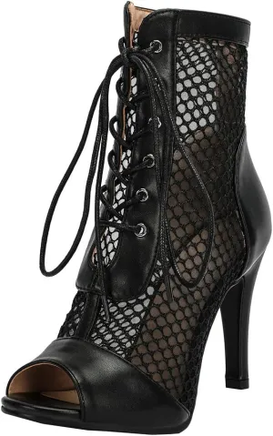 BEAUPAS Women's Mesh Peep Toe Booties Stiletto High Heel Ankle Boots Lace Up Fishnet Gladiator Sandals