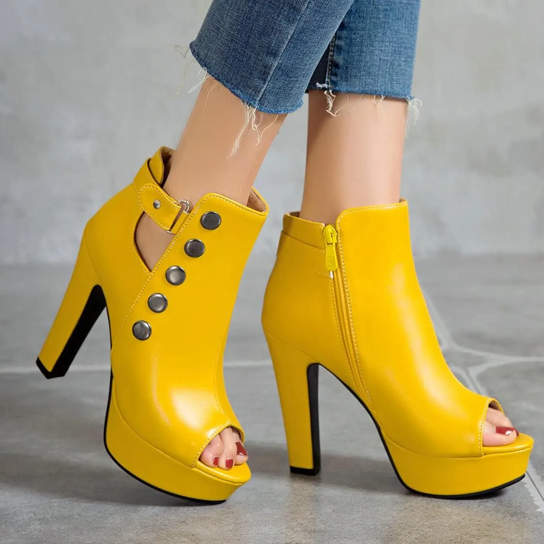 BEAUPAS Women's Peep Toe High Heel Ankle Boots Platform Chunky Heel Booties Zipper Buckle Gladiator Sandals