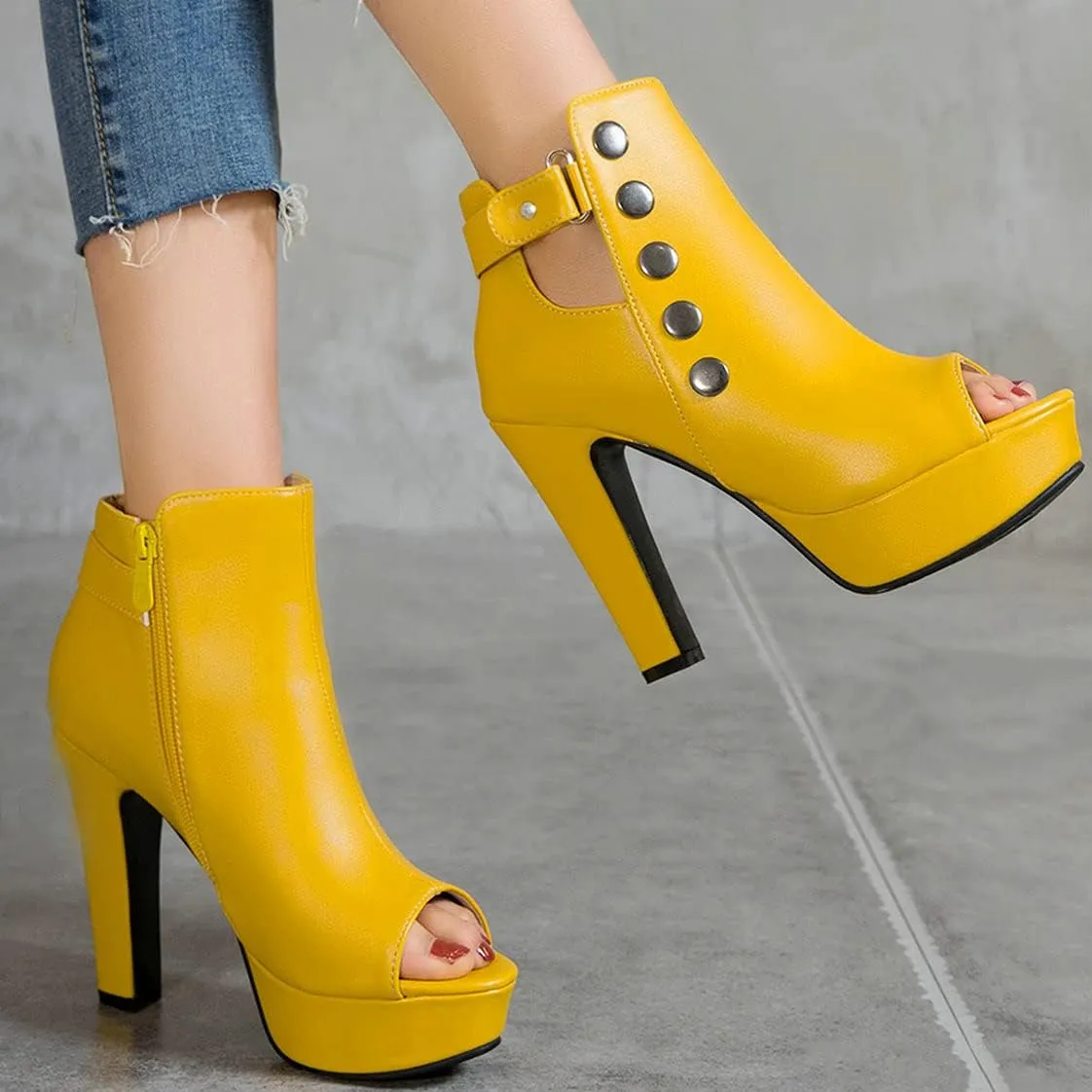 BEAUPAS Women's Peep Toe High Heel Ankle Boots Platform Chunky Heel Booties Zipper Buckle Gladiator Sandals