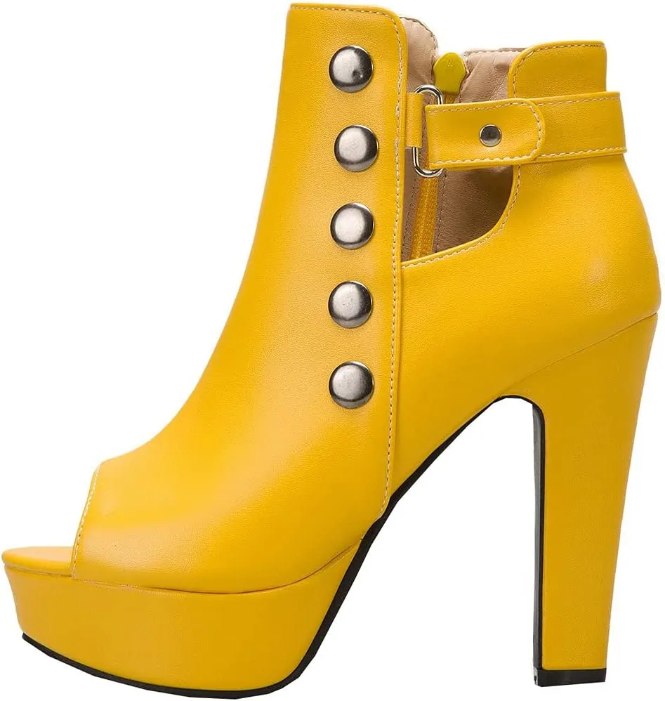 BEAUPAS Women's Peep Toe High Heel Ankle Boots Platform Chunky Heel Booties Zipper Buckle Gladiator Sandals