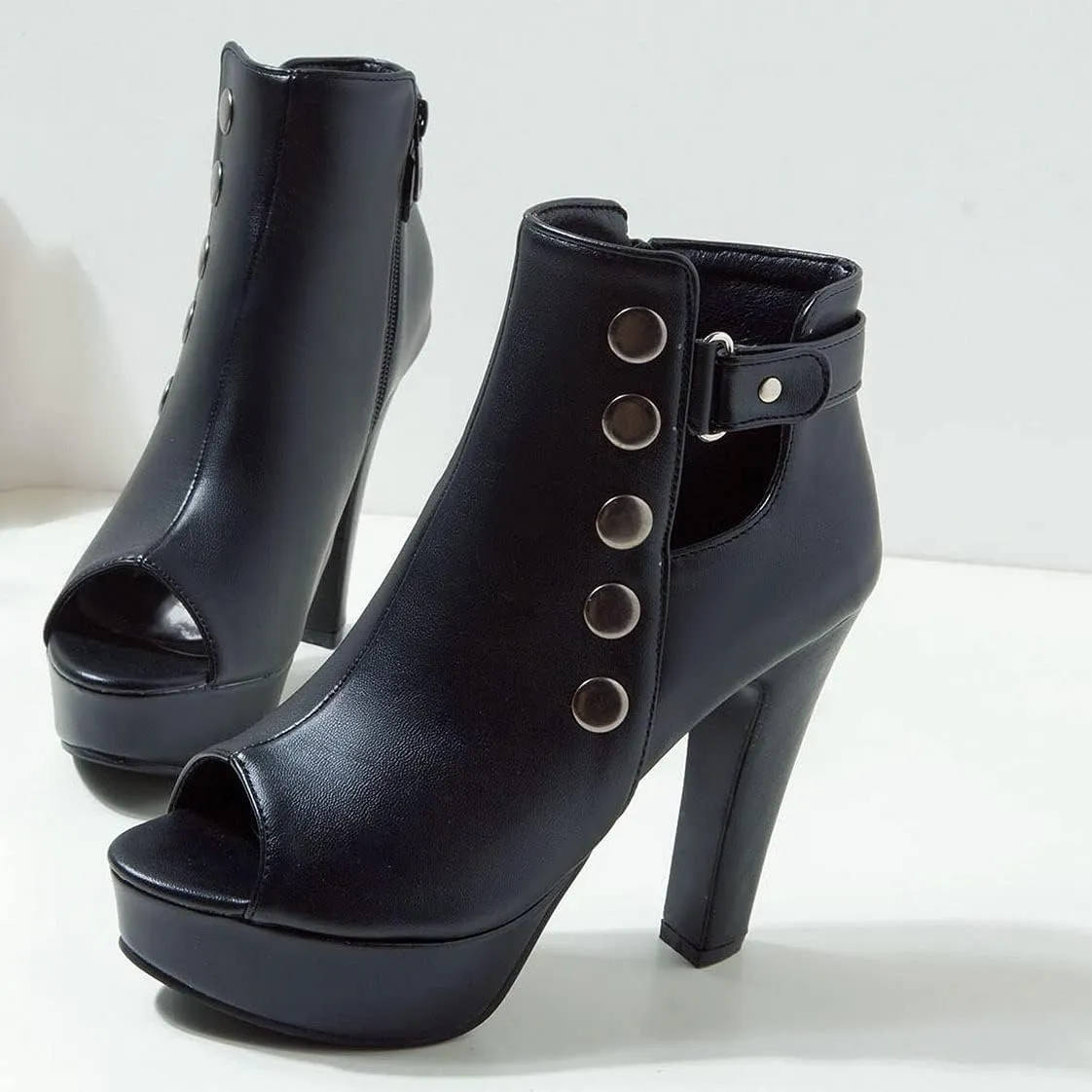BEAUPAS Women's Peep Toe High Heel Ankle Boots Platform Chunky Heel Booties Zipper Buckle Gladiator Sandals