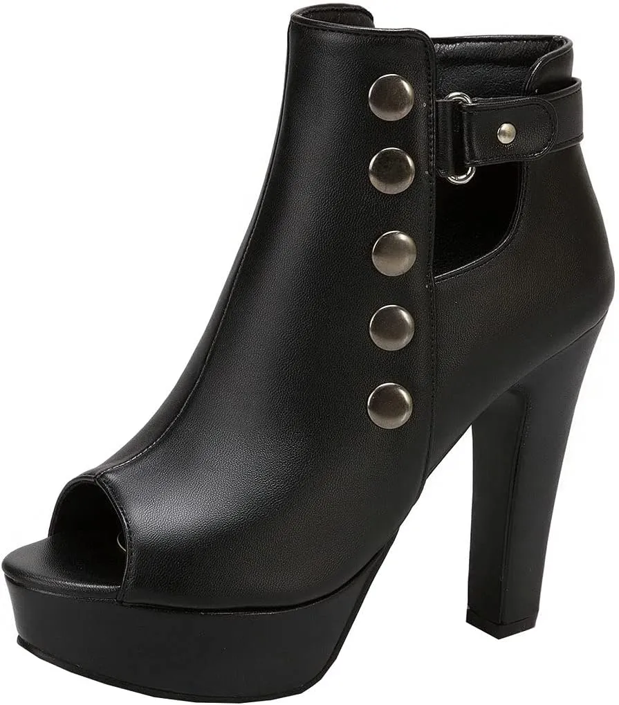 BEAUPAS Women's Peep Toe High Heel Ankle Boots Platform Chunky Heel Booties Zipper Buckle Gladiator Sandals