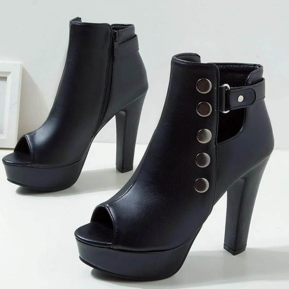 BEAUPAS Women's Peep Toe High Heel Ankle Boots Platform Chunky Heel Booties Zipper Buckle Gladiator Sandals