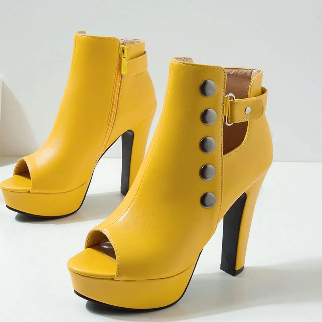 BEAUPAS Women's Peep Toe High Heel Ankle Boots Platform Chunky Heel Booties Zipper Buckle Gladiator Sandals