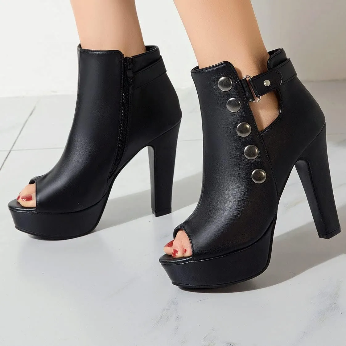 BEAUPAS Women's Peep Toe High Heel Ankle Boots Platform Chunky Heel Booties Zipper Buckle Gladiator Sandals