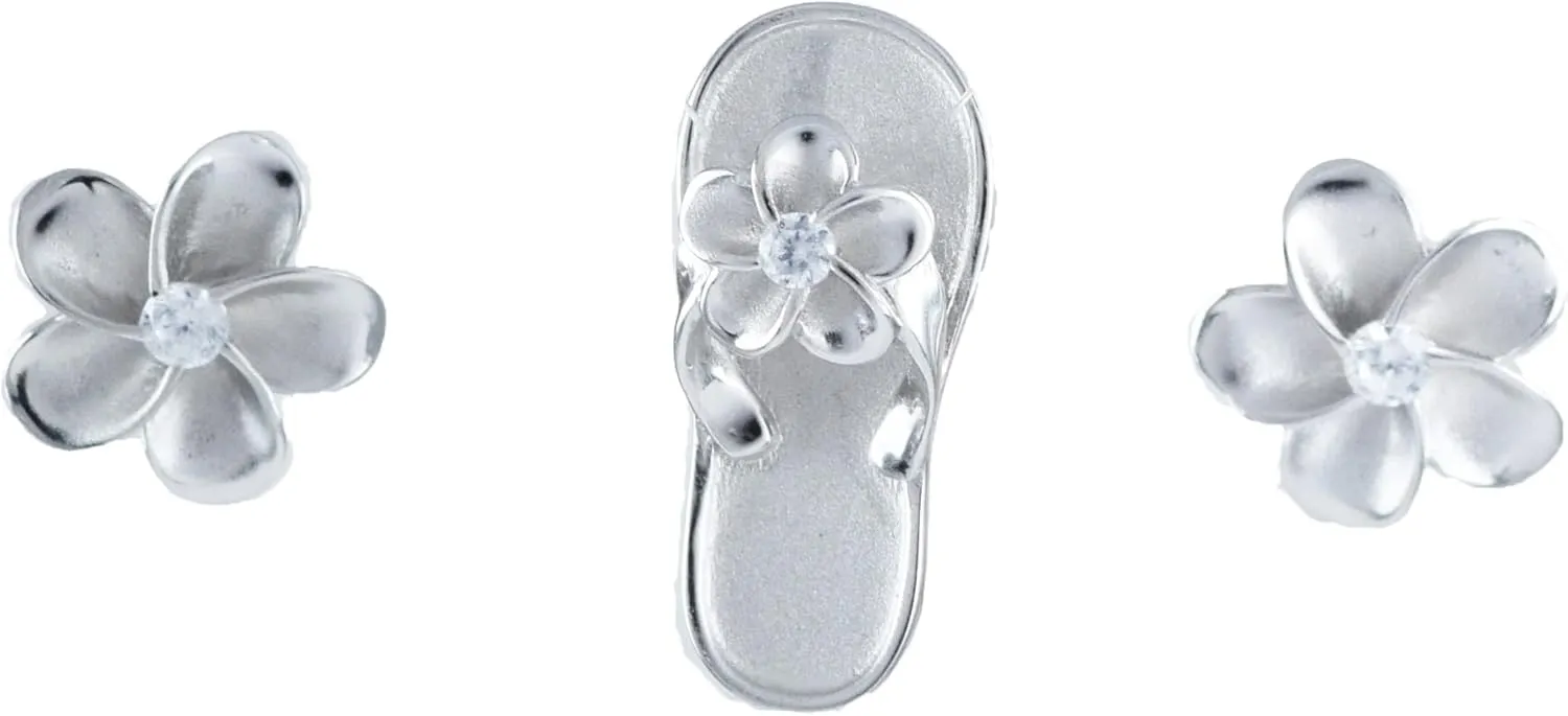 Beautiful Hawaiian Plumeria Slipper Necklace and Earring, Sterling Silver Sandal Flip-Flop CZ Charm Pendant, N6140SA