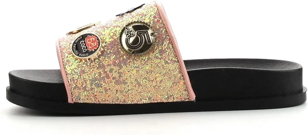 Cape Robbin Moira-25 Womens Slides Flip Flop Glitter Metal Pendant Ornament Fashion Sandals