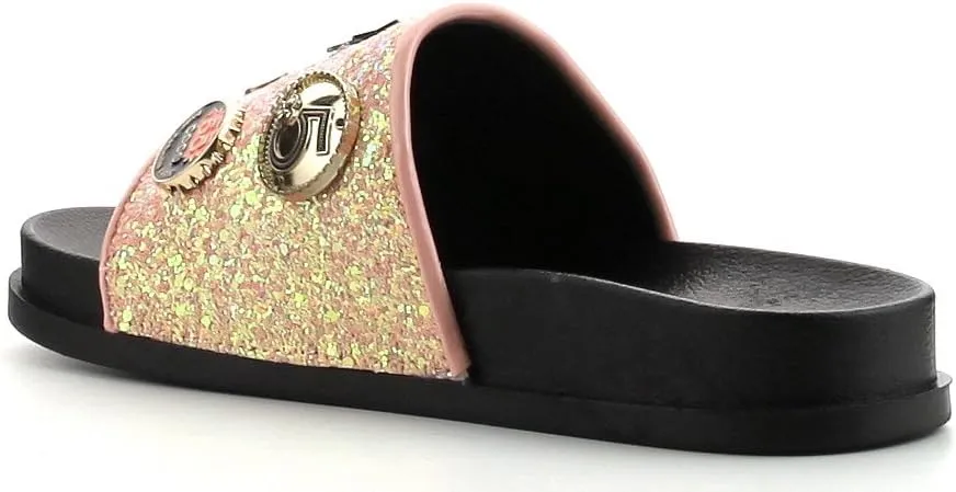 Cape Robbin Moira-25 Womens Slides Flip Flop Glitter Metal Pendant Ornament Fashion Sandals