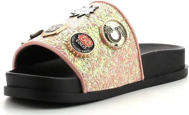 Cape Robbin Moira-25 Womens Slides Flip Flop Glitter Metal Pendant Ornament Fashion Sandals