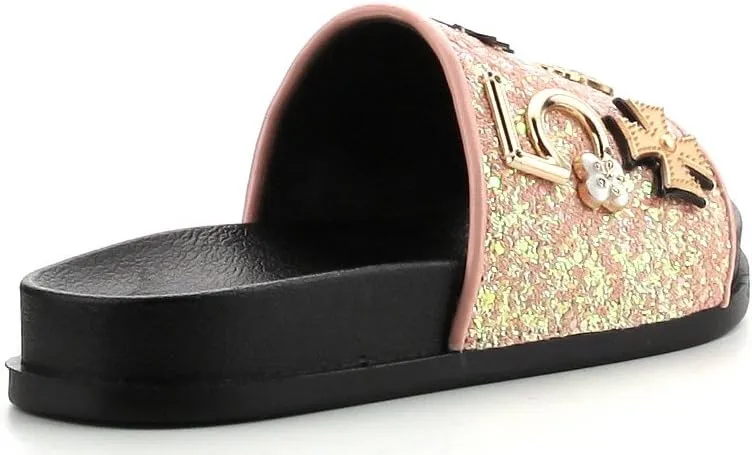 Cape Robbin Moira-25 Womens Slides Flip Flop Glitter Metal Pendant Ornament Fashion Sandals