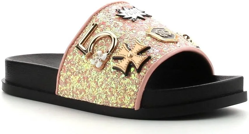 Cape Robbin Moira-25 Womens Slides Flip Flop Glitter Metal Pendant Ornament Fashion Sandals