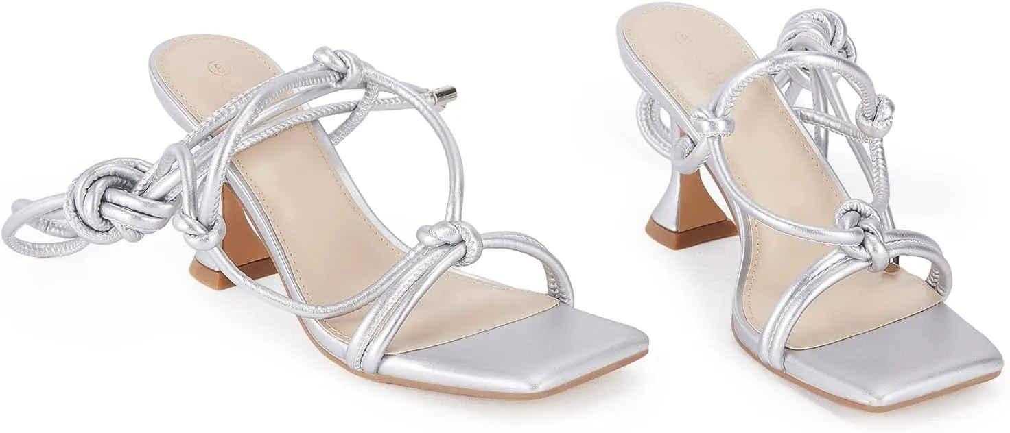 Coutgo Women's Lace Up Heels Gladiator Square Open Toe Dressy Stilettos Strappy Comfortable Summer Party Shoes