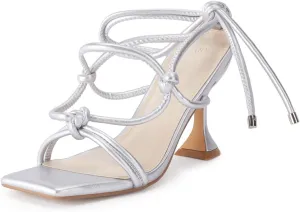 Coutgo Women's Lace Up Heels Gladiator Square Open Toe Dressy Stilettos Strappy Comfortable Summer Party Shoes