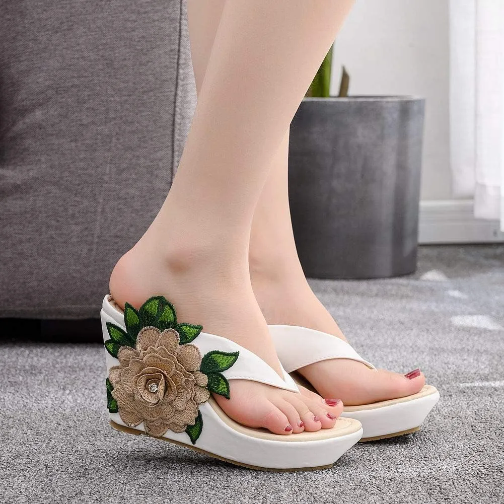Crystal Queen Flower Wedges Sandals Flip Flops For Women Beach Sandals Wedges Platform Bohemia Sandals Flip Flops Women Summer Shoes